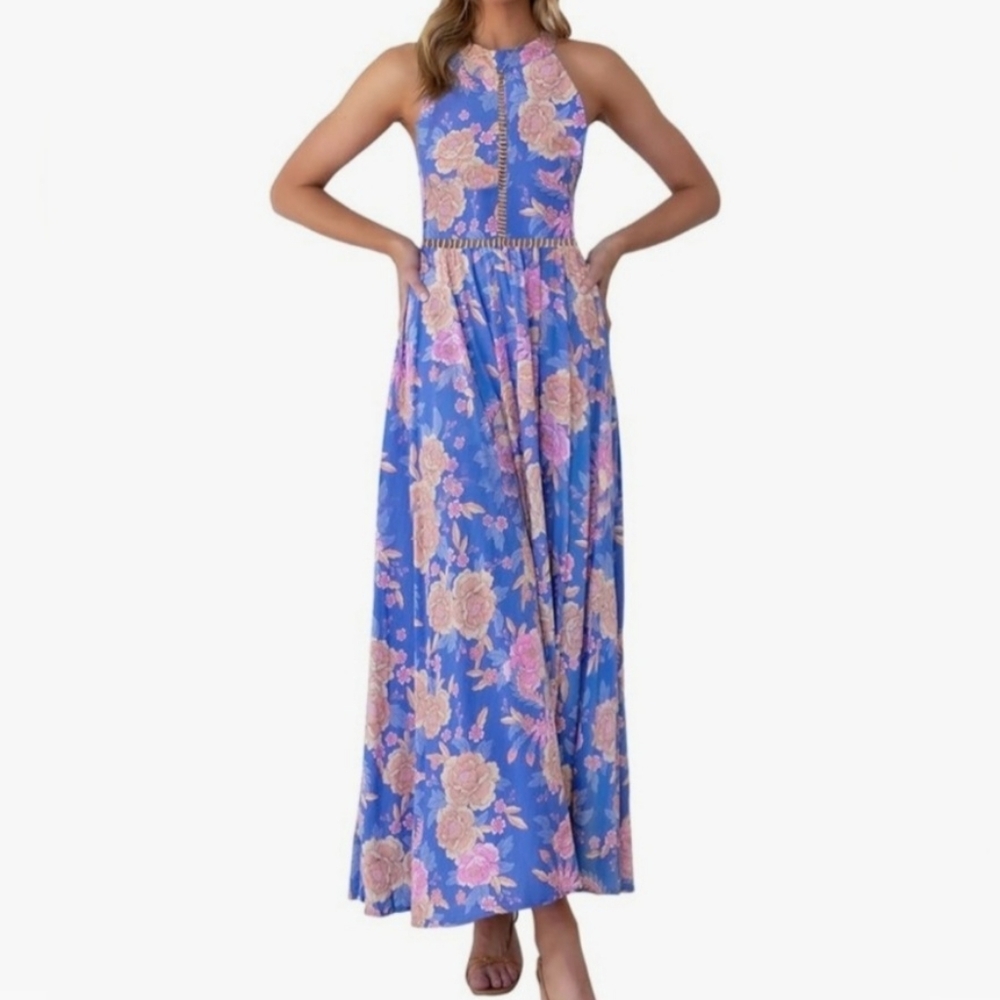 Zesica Halter Floral Print Backless Maxi Dress